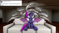 Size: 1280x720 | Tagged: safe, artist:batponyecho, oc, oc only, oc:claren vesper, bat pony, pony, shark, 3d, bat pony oc, bat wings, couch, glasses, i don't like where this is going, male, meme, piper perri surrounded, shark week, sitting, source filmmaker, spread wings, stallion, tail, wings