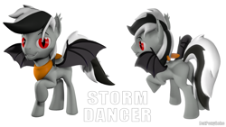 Size: 1280x720 | Tagged: safe, artist:batponyecho, oc, oc only, oc:stormdancer, bat pony, pony, 3d, bandana, bat pony oc, bat wings, butt, looking at you, male, plot, raised tail, simple background, smiling, smiling at you, solo, source filmmaker, spread wings, stallion, tail, wings
