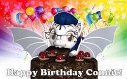 Size: 1280x800 | Tagged: safe, artist:batponyecho, oc, oc only, oc:connie, oc:constella kino, bat pony, pony, 3d, bat pony oc, bat wings, black forest cake, cake, eating, fangs, female, food, glasses, happy birthday, looking at you, mare, portal (valve), smiling, smiling at you, solo, source filmmaker, spread wings, the cake is a lie, wings