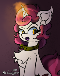 Size: 3000x3750 | Tagged: safe, artist:php190, oc, oc only, oc:dolce spiaro, pony, unicorn, abstract background, bust, chest fluff, dark, eyeshadow, female, high res, magic, makeup, mare, portrait, simple background, solo