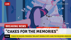 Size: 1280x720 | Tagged: safe, edit, edited screencap, screencap, pinkie pie, twilight sparkle, cakes for the memories, g4, my little pony: friendship is forever, break your own news, breaking news, cake, food, offscreen character, solo focus