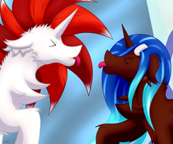 Size: 2783x2329 | Tagged: safe, artist:thebenalpha, oc, oc only, oc:aine aisling, oc:ryoku memori, alicorn, pony, ><, alicorn oc, castle, duo, eyes closed, female, fight, friendship, high res, horn, male, mare, ryoku verse, simple background, stallion, tongue out, wings