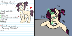 Size: 1240x618 | Tagged: safe, artist:pinkberry, oc, oc only, oc:mulberry merlot, pony, unicorn, >:p, blank flank, chuckling, female, freckles, heart, lined paper, magic, mare, parody, pencil drawing, reference sheet, solo, sparkles, tattoo, text, tongue out, traditional art, writing