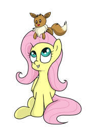 Size: 1000x1400 | Tagged: safe, artist:amateur-draw, fluttershy, eevee, pegasus, pony, g4, crossover, cute, female, mare, pokémon, simple background, solo, white background