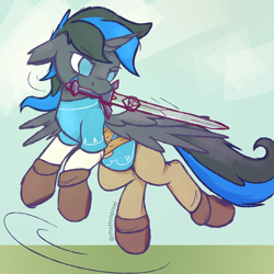 Size: 1500x1500 | Tagged: safe, artist:rhythmpixel, oc, oc only, oc:blaze, alicorn, pony, boots, clothes, male, pants, shoes, solo, stallion, sword, the legend of zelda, tunic, video game, video game reference, weapon