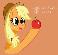 Size: 1080x1013 | Tagged: safe, anonymous artist, applejack, earth pony, pony, g4, apple, appul, dialogue, drawthread, food, requested art, simple background, solo