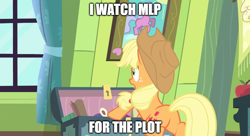 Size: 888x483 | Tagged: safe, edit, edited screencap, screencap, applejack, earth pony, pony, g4, somepony to watch over me, applebutt, butt, caption, i watch it for the plot, image macro, plot, solo, text, wordplay