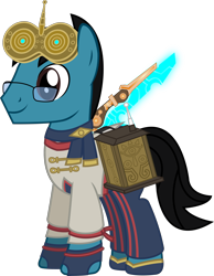 Size: 2377x3056 | Tagged: safe, artist:sketchmcreations, oc, oc:sketch mythos, earth pony, pony, clothes, cosplay, costume, glasses, goggles, high res, hyrule warriors, hyrule warriors: age of calamity, male, nightmare night, robbie, scarf, scientist, sheikah, simple background, solo, stallion, sword, the legend of zelda, the legend of zelda: breath of the wild, transparent background, vector, weapon
