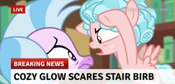 Size: 719x349 | Tagged: safe, edit, edited screencap, screencap, cozy glow, silverstream, classical hippogriff, hippogriff, g4, what lies beneath, birb, break your own news, breaking news