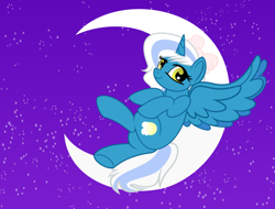 Size: 1660x1260 | Tagged: safe, artist:tkn297, oc, oc only, oc:fleurbelle, alicorn, pony, alicorn oc, bow, female, hair bow, horn, mare, moon, night, sitting, sky, smiling, solo, stars, wings, yellow eyes