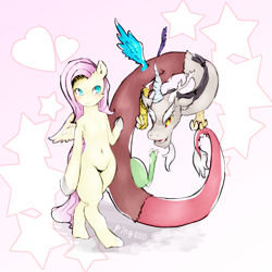 Size: 2000x2000 | Tagged: safe, artist:ping000, discord, fluttershy, draconequus, pegasus, pony, semi-anthro, g4, abstract background, belly button, duo, female, heart, male, mare