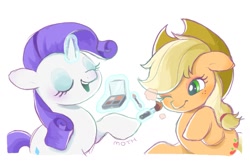 Size: 1457x944 | Tagged: safe, artist:mochi_nation, applejack, rarity, earth pony, pony, unicorn, g4, applying makeup, duo, eyes closed, female, makeup, makeup brush, makeup kit, mare, one eye closed, raised hoof, simple background, white background