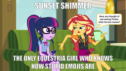 Size: 2000x1125 | Tagged: safe, edit, edited screencap, screencap, sci-twi, sunset shimmer, twilight sparkle, equestria girls, g4, my little pony equestria girls: better together, text support, text support: sunset shimmer, best human, caption, cellphone, clothes, couch, crossed legs, duo, female, food, geode of empathy, geode of telekinesis, glasses, image macro, impact font, legs, magical geodes, meme, mug, phone, raised eyebrow, smartphone, table, tea, text, truth, window