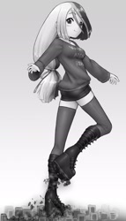 Size: 1242x2166 | Tagged: safe, artist:alloyrabbit, oc, oc only, oc:golden age, human, boots, breasts, city, clothes, female, giantess, goth, long hair, macro, monochrome, platform boots, shoes, socks, solo, stomping, sweater, thigh highs