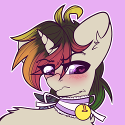 Size: 2000x2000 | Tagged: safe, artist:etoz, oc, oc only, oc:agap, pony, unicorn, angry, bell, bell collar, blushing, cat bell, collar, cute, eyebrows, femboy, heart eyes, high res, horn, looking away, male, multicolored hair, rainbow hair, simple background, solo, stallion, tsundere, unicorn oc, wingding eyes
