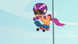 Size: 1280x720 | Tagged: safe, screencap, scootaloo, pegasus, pony, bloom & gloom, g4, female, filly, helmet, scooter