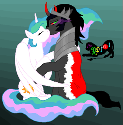 Size: 529x537 | Tagged: safe, artist:random-person101, king sombra, princess celestia, alicorn, pony, unicorn, g4, cape, clothes, colored horn, curved horn, cute, female, horn, kissing, male, ship:celestibra, shipping, sombra eyes, sombra horn, straight