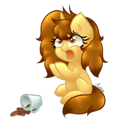 Size: 750x750 | Tagged: safe, artist:avelineh, oc, oc only, oc:creamy coffee, pony, unicorn, adorable distress, coffee, cute, female, open mouth, simple background, solo, spill, transparent background