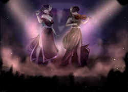 Size: 3200x2300 | Tagged: safe, artist:alicesmitt31, coloratura, octavia melody, earth pony, anthro, unguligrade anthro, g4, the mane attraction, beautiful, clothes, dress, duet, duo focus, eyes closed, female, high res, microphone, musical instrument, performance, see-through, side slit, singing, violin
