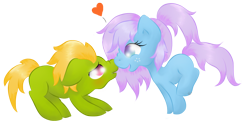 Size: 1083x540 | Tagged: safe, artist:avelineh, oc, oc only, oc:frosty flicker, earth pony, pony, blushing, colt, duo, female, filly, heart, male, oc x oc, shipping, simple background, transparent background