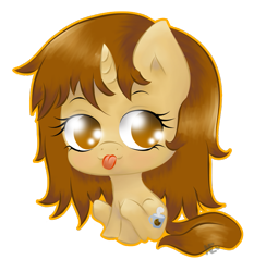 Size: 601x644 | Tagged: safe, artist:avelineh, oc, oc only, oc:creamy coffee, pony, unicorn, chibi, female, simple background, sitting, solo, tongue out, transparent background