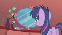 Size: 1920x1080 | Tagged: safe, screencap, twilight sparkle, pony, unicorn, bridle gossip, g4, my little pony: friendship is magic, season 1, bed mane, brush, brushie, brushing, butt, female, mare, messy mane, mirror, plot, reflection, solo, twibutt, unicorn twilight