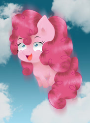 Size: 635x868 | Tagged: safe, artist:avelineh, pinkie pie, earth pony, pony, g4, chibi, cloud, female, open mouth, solo