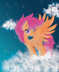 Size: 810x990 | Tagged: safe, artist:avelineh, scootaloo, pegasus, pony, g4, cloud, female, older, older scootaloo, scootaloo can fly, solo, spread wings, wings