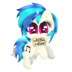 Size: 750x750 | Tagged: safe, artist:avelineh, dj pon-3, vinyl scratch, pony, unicorn, g4, chibi, cute, daaaaaaaaaaaw, female, heart eyes, mouth hold, sign, simple background, solo, transparent background, wingding eyes