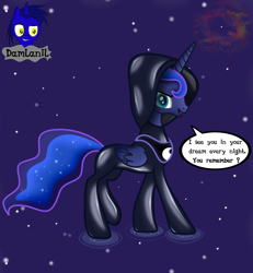 Size: 3840x4154 | Tagged: safe, artist:damlanil, princess luna, alicorn, pony, g4, breaking the fourth wall, catsuit, clothes, crown, dream, ethereal mane, female, galaxy mane, hood, horn, jewelry, latex, latex suit, looking at you, mare, nebula, necklace, planetary nebula, regalia, rubber, shiny, show accurate, solo, space, stars, suit, vector, wings
