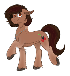 Size: 1901x2045 | Tagged: safe, artist:rokosmith26, oc, oc only, oc:cherry flint, earth pony, pony, belly fluff, chest fluff, floppy ears, fluffy, happy, hoof fluff, jewelry, looking up, male, necklace, raised leg, short hair, short mane, simple background, solo, stallion, standing, transparent background