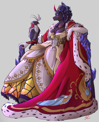 Size: 4323x5300 | Tagged: safe, artist:sourcherry, king sombra, bird, hawk, unicorn, anthro, g4, bow, breasts, cape, cleavage, clothes, coronation dress, dress, ermine (fur), gown, hair bun, queen umbra, rule 63, solo, throne