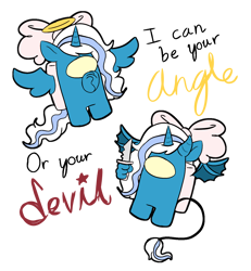 Size: 1240x1340 | Tagged: safe, artist:lopunne, oc, oc only, oc:fleurbelle, alicorn, angel, devil, pony, alicorn oc, among us, angelic wings, bow, crewmate, crewsona, devil horns, devil tail, female, hair bow, halo, horn, i can be your angle or yuor devil, knife, mare, misspelling, rouge angles of satin, simple background, solo, transparent background, wings