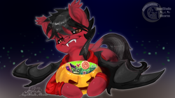 Size: 3840x2160 | Tagged: safe, artist:angelasart, bat pony, pony, bat wings, candy, clothes, commission, dock, ear fluff, fall out boy, fangs, food, hair over one eye, halloween, high res, holiday, hoodie, looking at you, lying down, male, pete wentz, ponified, prone, slit pupils, solo, stallion, wings, ych result