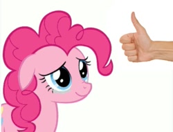Size: 713x544 | Tagged: safe, edit, pinkie pie, g4, floppy ears, offscreen character, op is a swan, smiling, teary eyes, thumb, thumbs up