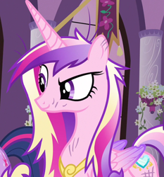 Size: 1098x1177 | Tagged: safe, screencap, princess cadance, twilight sparkle, alicorn, pony, a canterlot wedding, g4, cropped, dirty, female, folded wings, mare, messy mane, solo focus, wings