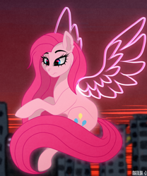 Size: 1024x1228 | Tagged: safe, artist:pinkamenascratch, pinkie pie, earth pony, pony, g4, city, female, pinkamena diane pie, solo, wings