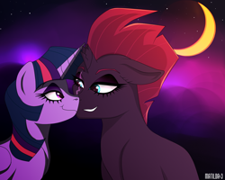 Size: 1280x1024 | Tagged: safe, artist:pinkamenascratch, tempest shadow, twilight sparkle, alicorn, pony, unicorn, g4, broken horn, crescent moon, duo, eye contact, female, horn, lesbian, looking at each other, moon, night, ship:tempestlight, shipping, smiling, twilight sparkle (alicorn)