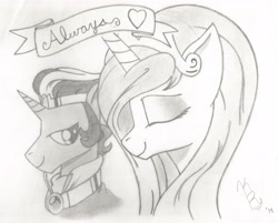 Size: 5880x4734 | Tagged: safe, artist:thefortuitousartist, idw, king sombra, princess celestia, alicorn, pony, unicorn, g4, 2014, always, eyes closed, female, good king sombra, looking at someone, male, ship:celestibra, shipping, signature, smiling, straight, tanabata, traditional art