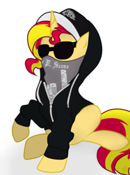 Size: 600x802 | Tagged: safe, artist:pinkamenascratch, sunset shimmer, pony, unicorn, g4, charlie scene, clothes, female, hollywood undead, hoodie, mask, simple background, solo, sunglasses