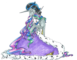 Size: 2551x1998 | Tagged: safe, artist:fountainstranger, idw, king sombra, princess celestia, g4, cape, clothes, crown, crying, female, good king sombra, hug, jewelry, male, missing accessory, regalia, ship:celestibra, shipping, simple background, straight, transparent background, typo in the description