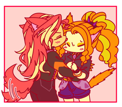 Size: 1600x1400 | Tagged: safe, artist:raika0306, adagio dazzle, sunset shimmer, dog, kemonomimi, equestria girls, g4, blushing, cat ears, cat tail, catdagio, catgirl, catified, dog ears, dog tail, doggirl, dogified, eyes closed, female, kiss on the head, lesbian, licking, ship:sunsagio, shipping, species swap, tail wag, tongue out