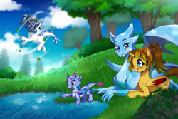 Size: 1008x672 | Tagged: safe, artist:bluntmare, oc, oc only, oc:princess asa, oc:princess kara, oc:princess sashir, oc:princess silvanus, alicorn, dragon, pony, alicorn oc, colored wings, dragon oc, family, flying, horn, hug, interspecies offspring, magical lesbian spawn, offspring, parent:oc:princess asa, parent:oc:princess silvanus, parents:oc x oc, pond, walking on water, winghug, wings