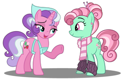 Size: 2495x1599 | Tagged: safe, artist:strawberry-spritz, minty, sweetberry, earth pony, pony, unicorn, g3, g4, clothes, duo, duo female, female, g3 to g4, generation leap, leg warmers, mare, scarf, simple background, transparent background