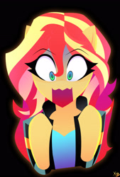 Size: 2130x3156 | Tagged: safe, artist:xan-gelx, sunset shimmer, pony, equestria girls, g4, black background, cute, high res, hooves, human to pony, missing horn, open mouth, panic, shimmerbetes, shocked, simple background, solo, transformation, wavy mouth, wide eyes