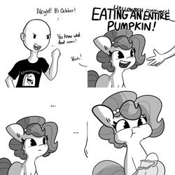 Size: 6000x6000 | Tagged: safe, artist:tjpones, oc, oc only, oc:brownie bun, oc:richard, earth pony, human, pony, horse wife, ..., comic, cute, dialogue, eating, female, grayscale, halloween, herbivore, holiday, horses doing horse things, mare, monochrome, ocbetes, october, puffy cheeks, pumpkin, simple background, white background