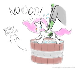 Size: 522x478 | Tagged: safe, artist:banebuster, princess celestia, oc, oc:anon, alicorn, human, pony, series:tiny tia, g4, adorable distress, bath, bath time, bucket, cewestia, crying, cute, female, filly, forced bathing, pink-mane celestia, simple background, water, white background, younger