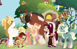 Size: 1280x808 | Tagged: safe, artist:vintagefeline, fluttershy, trouble shoes, oc, oc:meadowlark, oc:olive laurel, oc:rosefinch, oc:toadstool, earth pony, pegasus, pony, g4, alternate cutie mark, alternate design, bomber jacket, cap, clothes, colored hooves, colt, eyes closed, family, feathered fetlocks, female, fluttershy's cottage, hat, jacket, male, mare, nuzzling, offspring, parent:fluttershy, parent:trouble shoes, parents:troubleshy, shipping, size difference, stallion, straight, troubleshy, unshorn fetlocks