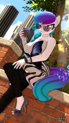 Size: 1080x1920 | Tagged: safe, artist:anthroponiessfm, oc, oc:aurora starling, anthro, plantigrade anthro, 3d, clothes, cupcake, cute, feet, female, food, heterochromia, high heels, looking at you, open-toed shoes, shoes, source filmmaker, sunglasses, toes, zebra print