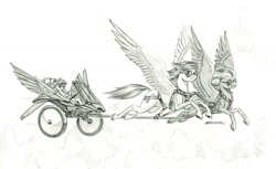 Size: 1500x916 | Tagged: safe, artist:baron engel, apple bloom, oc, earth pony, pegasus, pony, g4, chariot, female, filly, flying, goggles, monochrome, pencil drawing, story included, traditional art